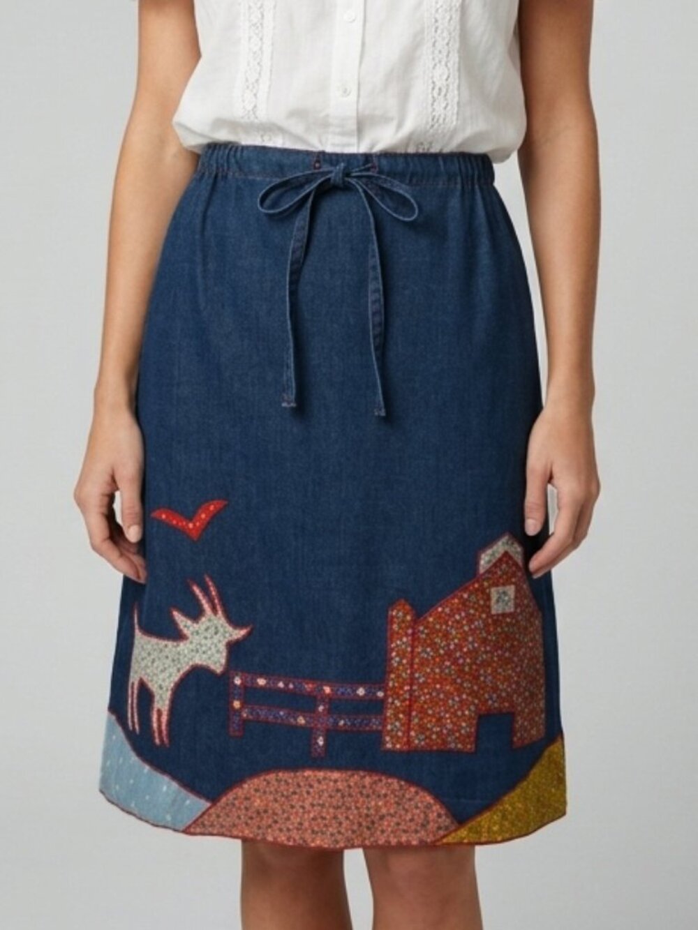Quilted Skirt Vintage 70s Handmade Patchwork Denim Skirt With Farmland Animals